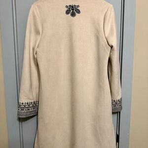 Solitaire Long Cream Suede Duster – Black Swirly Embroidery, Boho Chic